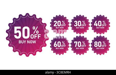 Sconti su tag, 50, 20, 30, 40, 60, 70, 80, per cento. Set emblema dell'offerta di vendita, numero sconto prezzo distintivo. Acquista ora e acquista ora Illustrazione Vettoriale