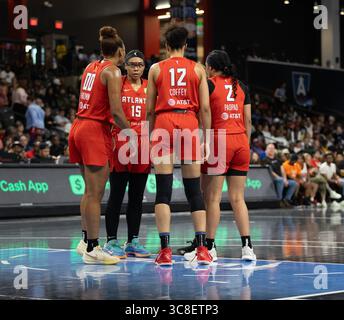 College Park, Stati Uniti. 3 agosto 2025. I Washington Mystics affrontano l'Atlanta Dream alla Gateway Center Arena di College Park, Georgia, il 3 agosto 2025. (Foto di Lawrence Cooper/Sipa USA) credito: SIPA USA/Alamy Live News Foto Stock