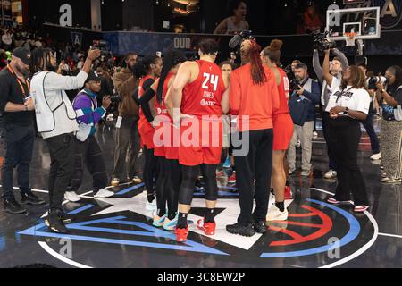 College Park, Stati Uniti. 3 agosto 2025. I Washington Mystics affrontano l'Atlanta Dream alla Gateway Center Arena di College Park, Georgia, il 3 agosto 2025. (Foto di Lawrence Cooper/Sipa USA) credito: SIPA USA/Alamy Live News Foto Stock