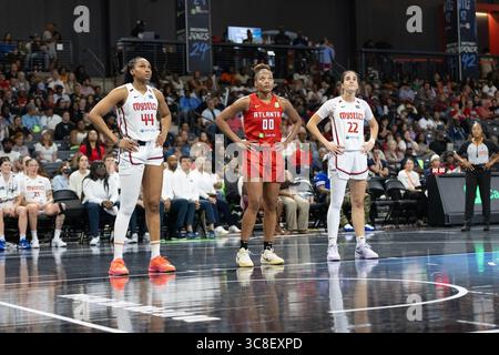 College Park, Stati Uniti. 3 agosto 2025. I Washington Mystics affrontano l'Atlanta Dream alla Gateway Center Arena di College Park, Georgia, il 3 agosto 2025. (Foto di Lawrence Cooper/Sipa USA) credito: SIPA USA/Alamy Live News Foto Stock
