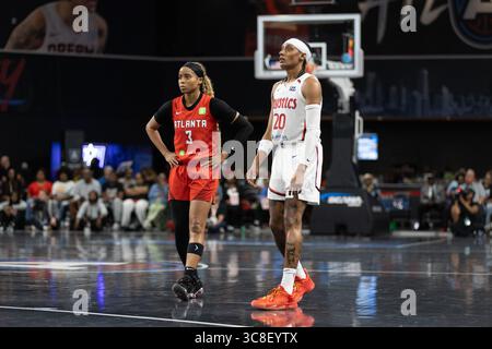 College Park, Stati Uniti. 3 agosto 2025. I Washington Mystics affrontano l'Atlanta Dream alla Gateway Center Arena di College Park, Georgia, il 3 agosto 2025. (Foto di Lawrence Cooper/Sipa USA) credito: SIPA USA/Alamy Live News Foto Stock
