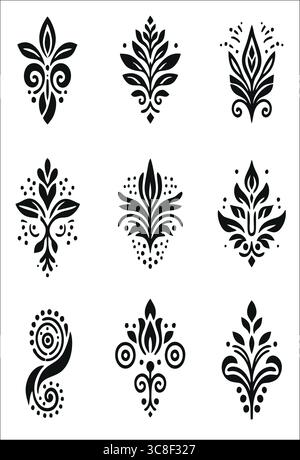 Set di motivi floreali ornamentali in nero – elementi decorativi vettoriali tribali su sfondo bianco Illustrazione Vettoriale