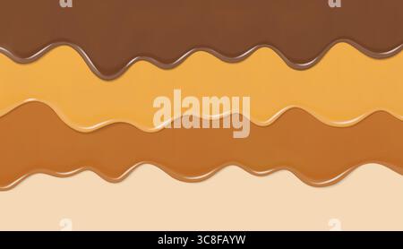 Realistici strati ondulati 3D che gocciolano cioccolato e caramello. Glassa marrone o salsa dolce. Sfondo vettoriale 3D. Illustrazione Vettoriale