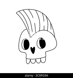 Divertente disegno in bianco e nero di un teschio con occhi espressivi e un elegante design per capelli. Illustrazione vettoriale isolata su sfondo bianco. Illustrazione Vettoriale