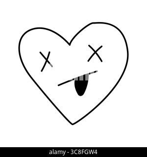 Design espressivo di un cuore doodle con occhi incrociati, stanco, esausto e espressione facciale inconscia. Illustrazione vettoriale isolata su un bianco Illustrazione Vettoriale
