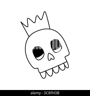 Questa immagine mostra un teschio di cartone animato stravagante con una corona, disegnato in un semplice stile bianco e nero, perfetto per disegni creativi, riferimenti al tatuaggio, Illustrazione Vettoriale