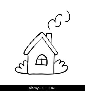 Illustrazione minimalista in bianco e nero di una casa con camino fumante e cespugli, evocando fascino e semplicità. Illustrazione vettoriale isolata su A. Illustrazione Vettoriale