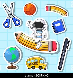 Collezione di adesivi Back to School, astronauti su matita e forniture scolastiche Illustrazione Vettoriale