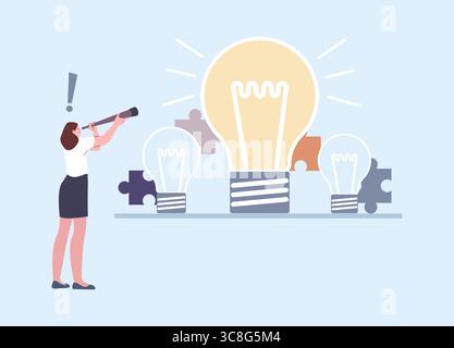 La donna guarda attraverso il telescopio. Risoluzione dei problemi, ricerca di nuove idee. Prospettive che guardano alla ragazza, creatività, auto-realizzazione, concetto vettoriale Illustrazione Vettoriale