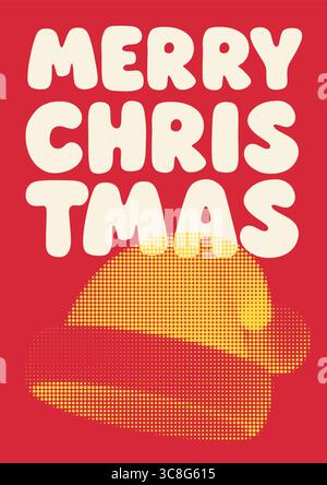 Vivace poster di Natale con audace tipografia bianca e cappello di Babbo Natale in mezzitoni giallo su sfondo rosso. Design vettoriale di ispirazione retrò perfetto per le vacanze Illustrazione Vettoriale