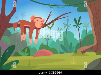 Scimmia della giungla. Illustrazione di sfondo all'aperto foresta esotica selvaggia con scimmia sugli alberi modello vettoriale esatto Illustrazione Vettoriale