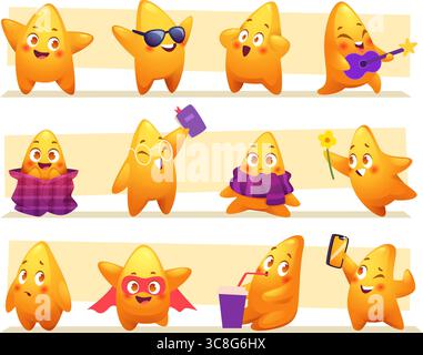 Caratteri con stelle. Divertenti mascotte in pose d'azione ed emozioni diverse sui volti dei cartoni animati collezione di modelli vettoriali esatti Illustrazione Vettoriale