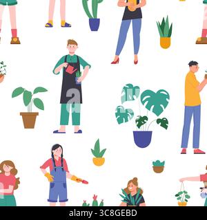 Piantare caratteri. Giovani con piante in pentole, giardino domestico senza cuciture. Diversi modelli di stampa vettoriale e boccole verdi Illustrazione Vettoriale