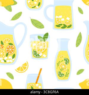 Bevande rinfrescanti. Limonata senza cuciture, foglie verdi, fette di limone. Vaso di vetro e bicchieri con bevanda. Bevande fresche fatte in casa, vettoriali Illustrazione Vettoriale