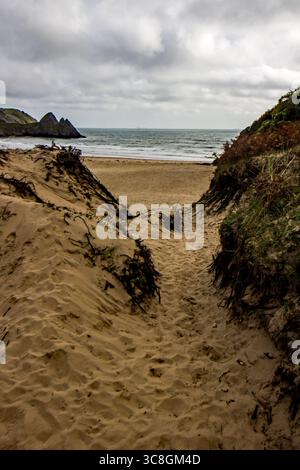 Percorso tra due dune costiere che conduce verso la spiaggia presso la baia di tre scogliere in Galles in un pomeriggio freddo e tempestoso. Foto Stock