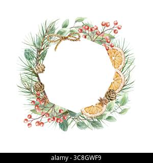 Cornice natalizia con arance secche, rami di abete, coni, rametti di bacche rosse, illustrazione con acquerello all'eucalipto isolata. New Yea pastello disegnato a mano Foto Stock