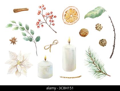 Set natalizio con candele, rami di abete, coni di pino, poinsettia bianca, rametto di bacche rosse, arancia secca, cannella, acquerello di anice stellato Foto Stock
