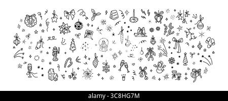 Linea simpatica Doodle buon Natale e... Felice anno nuovo sfondo rettangolare disegnato a mano. Scarabeo minimalista per bambini. Festa. Fuochi d'artificio, co Illustrazione Vettoriale