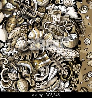 Illustrazione della cornice vettoriale monocromatica del doodle dei cartoni animati di Porto Rico. Divertente design stravagante del confine portoricano. Elementi tropicali caraibici in una vivace Illustrazione Vettoriale