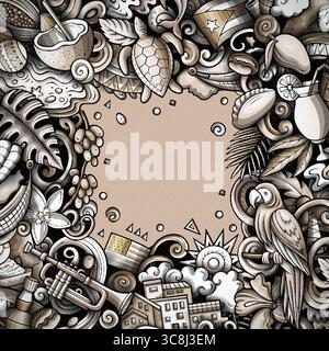 Illustrazione della cornice vettoriale monocromatica del doodle dei cartoni animati di Porto Rico. Divertente design stravagante del confine portoricano. Elementi tropicali caraibici in una vivace Illustrazione Vettoriale