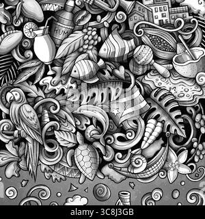 Illustrazione della cornice vettoriale monocromatica del doodle dei cartoni animati di Porto Rico. Divertente design stravagante del confine portoricano. Elementi tropicali caraibici in una vivace Illustrazione Vettoriale