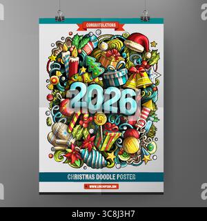 Cartoni animati colorati disegnati a mano Doodles modello per poster felice anno nuovo 2026. Illustrazione molto dettagliata. Divertente grafica vettoriale. Design dell'identità aziendale Illustrazione Vettoriale