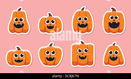 Pacchetti adesivi di zucca con varie forme. Clip art di zucca di Halloween con espressione carina e felice Illustrazione Vettoriale