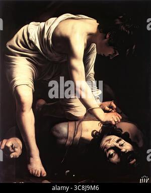 CARAVAGGIO (B. 1573, Caravaggio, d. 1610, Porto Ercole) David 1600 olio su tela, 110 x 91 cm Museo del Prado, Madrid questo dipinto affronta il tema di Davide e Golia, che l'artista ha ripetutamente affrontato più tardi nella sua carriera, con una perfetta linearità dei mezzi e intelligenza dell'invenzione iconografica. Come nel primo Rinascimento, David è mostrato come l'adolescente che trionfa non per la sua forza, ma per il suo potere di carattere e la sua fede. La posa obliqua della figura (David è in parte parallelo al piano dell'immagine) è costruita con ammirevole abilità. Caravaggio ha Foto Stock