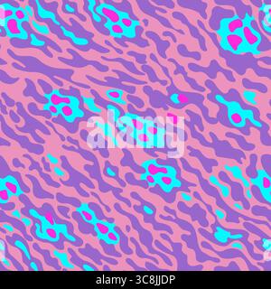 Fantasia di un animale fantastico, fantasia mimetica. Strisce luminose, punti e macchie di viola, rosa, blu neon in ordine casuale su uno sfondo rosa Illustrazione Vettoriale