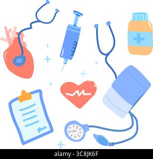 Set di doodle vettoriali per la salute e il trattamento del cuore: Cuore anatomico, stetoscopio, prescrizione medica, simbolo del battito cardiaco, misuratore della pressione sanguigna, medico Illustrazione Vettoriale