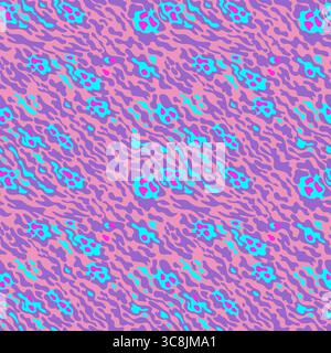 Fantasia di un animale fantastico, fantasia mimetica. Strisce luminose, punti e macchie di viola, rosa, blu neon in ordine casuale su uno sfondo rosa Illustrazione Vettoriale