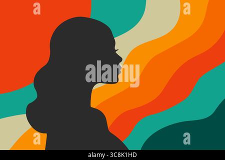 Silhouette femminile di profilo su un colorato stile ondulato. Banner per la giornata internazionale delle donne. Illustrazione moderna piatta vettoriale. Femminismo. Sesso Illustrazione Vettoriale