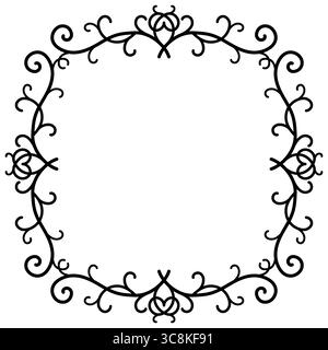 Cornice nera quadrata Lacy con spazio per il testo. Linee curve intrecciate e ricci. Elegante elemento di design ornamentale dalle linee curve. Affinare il calligrafo Illustrazione Vettoriale