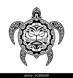 Tartaruga Maori tribale con maschera solare illustrazione vettoriale nera e bianca Illustrazione Vettoriale