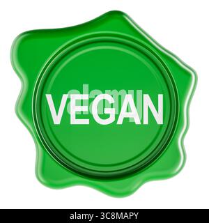 Sigillo di cera vegana, icona etichetta di certificazione verde. Rendering 3D isolato su sfondo bianco Foto Stock