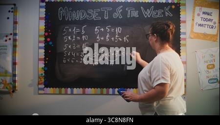 Insegnante donna scrittura moltiplicazione tabella sulla lavagna, insegnare agli studenti delle scuole primarie il metodo di moltiplicazione dei numeri durante la lezione di matematica. Corso di matematica in aula colorata. Colpo statico. Foto Stock