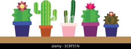 Collezione di cinque carini cactus. Vettore Illustrazione Vettoriale