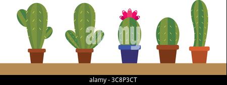 Collezione di cinque carini cactus. Vettore Illustrazione Vettoriale