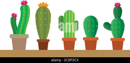 Collezione di cinque carini cactus. Vettore Illustrazione Vettoriale