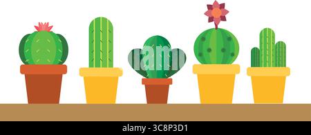 Collezione di cinque carini cactus. Vettore Illustrazione Vettoriale