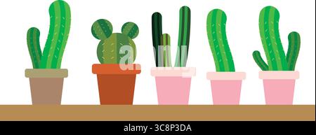 Collezione di cinque carini cactus. Vettore Illustrazione Vettoriale