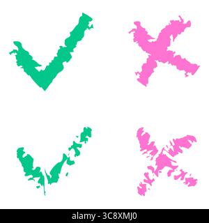 Set di segni di spunta. Raccolta incroci. Simboli vettoriali disegnati a mano. Schizzo rosa verde. Illustrazione Vettoriale