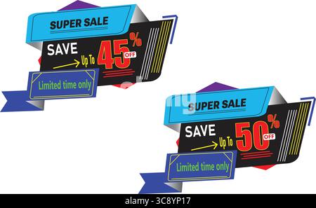 Etichetta vettoriale a nastro blu super-vendita con risparmio fino al 50% di testo per il marketing online Illustrazione Vettoriale