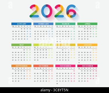 2026 illustrazione vettoriale del calendario. Set di calendari per 2026, 2027 e 2028 su uno sfondo colorato deisgn e bianco Illustrazione Vettoriale