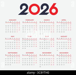 Calendario 2026 - illustrazione. La settimana inizia lunedì. Calendario impostato per 2026 anni Illustrazione Vettoriale