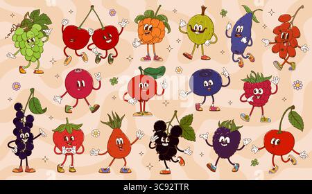 Cartoni animati personaggi di frutti e fiori hippie retrò. Personaggi di bacche psichedeliche vettoriali, ciliegie, fragole, uva e lamponi. Funky Growy mirtillo rosso, personaggi rosehip Illustrazione Vettoriale