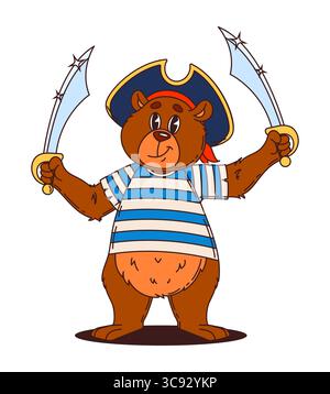 Cartoni animati divertenti orso pirata e corsaro di animali brandizzati scintillanti sciabole. Il personaggio vettoriale isolato indossa il cappello del capitano tricorn, la bandana rossa e un sorriso malizioso, pronto per avventure audaci Illustrazione Vettoriale