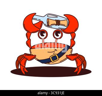Cartoni animati granchio animale pirata e personaggio dell'equipaggio della nave corsara con un messaggio o una mappa in bottiglia. Vettoriale isolato divertente personaggio di crostacei filibustieri pronto per avventure e gioviale caccia al tesoro sul mare Illustrazione Vettoriale