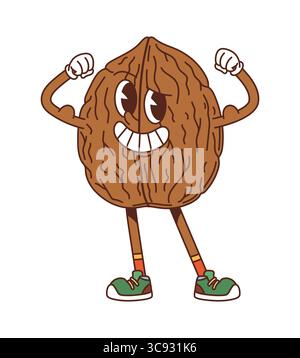 Cartoni animati noci goffi carattere forte e felice. Cibo sano e nutrizione naturale noce Y2K vettore allegro carattere. Tutta la noce isolata un personaggio felice o una mascotte goffa che mostra muscoli bicipiti Illustrazione Vettoriale