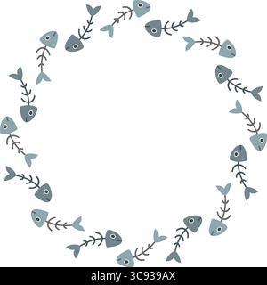 Una graziosa cornice di scheletri di pesce blu, perfetta per animali e design a tema marino. Illustrazione Vettoriale